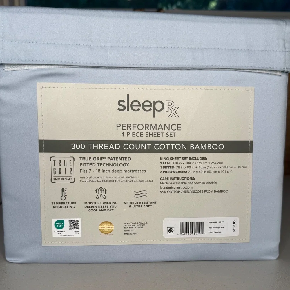 King Cotton Bamboo Sheet Set SleepRX Performance 300TC Cooling Light Blue NWT